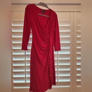 American Living red gathered V neck knee length dress, size 2